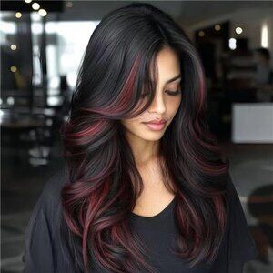 Highlight Burgundy Layered Wavy Wig With Curtain Bangs